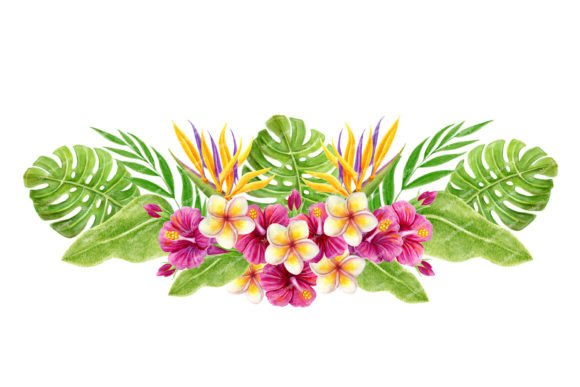 Download Tropical Flowers Palm Leaves Bouquet PNG - Tropical flowers Collection