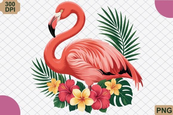Download Flamingo with Tropical Flowers PNG - Tropical flowers Collection